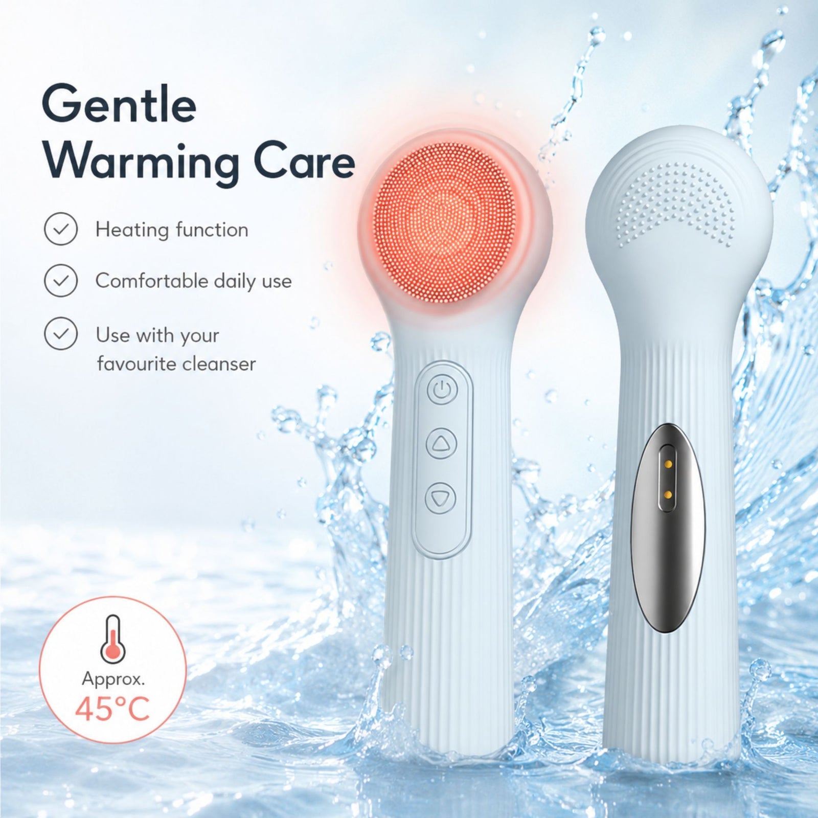 Silicone Facial Cleansing Brush Sonic Vibration Heating Waterproof Rechargeable-BEIGE