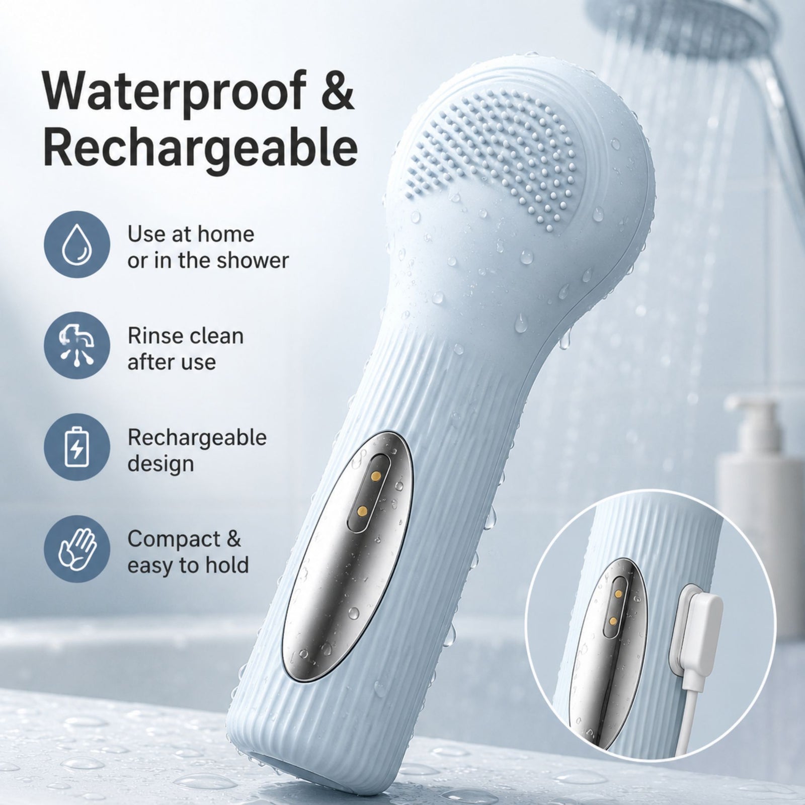 Silicone Facial Cleansing Brush Sonic Vibration Heating Waterproof Rechargeable-BEIGE