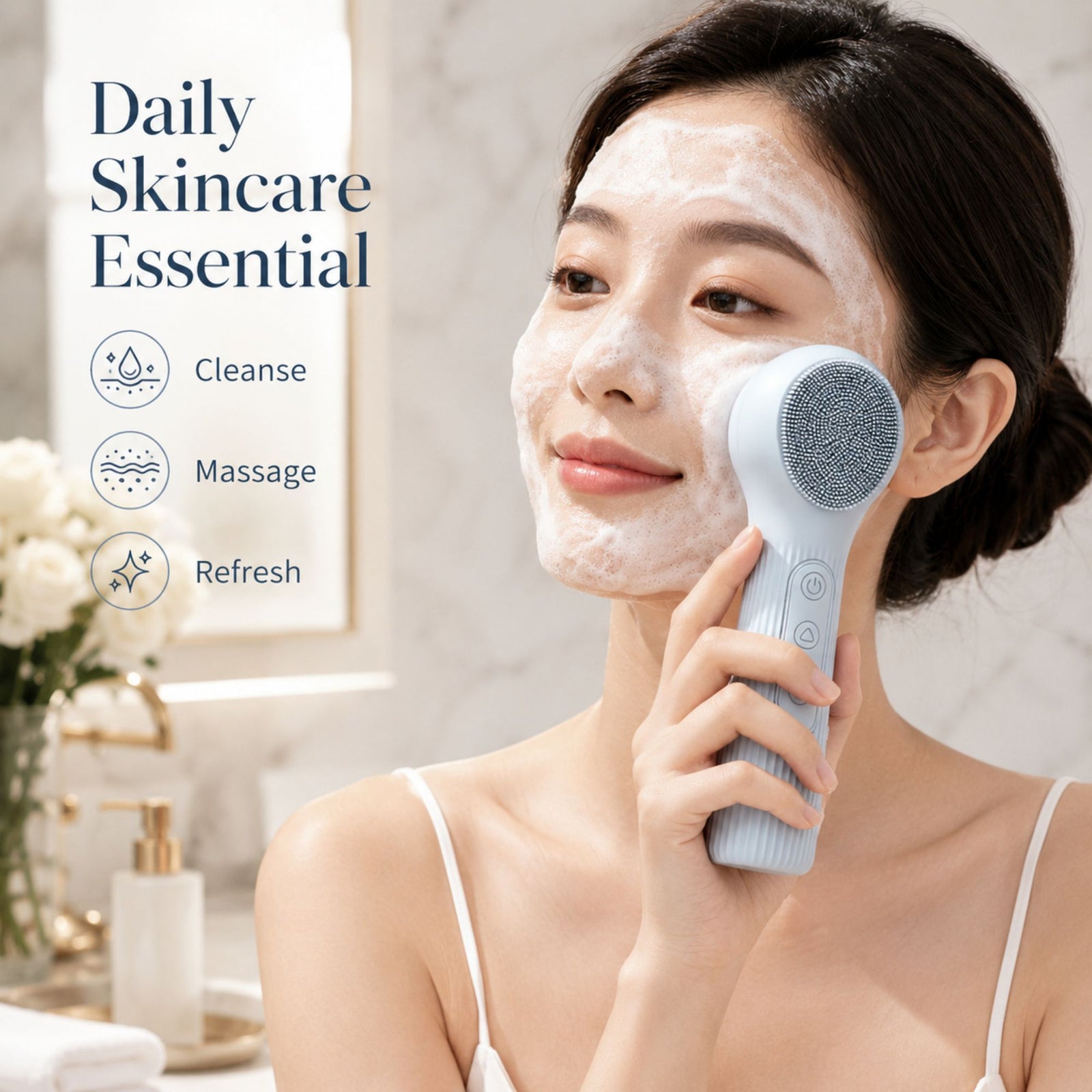Silicone Facial Cleansing Brush Sonic Vibration Heating Waterproof Rechargeable-BLUE