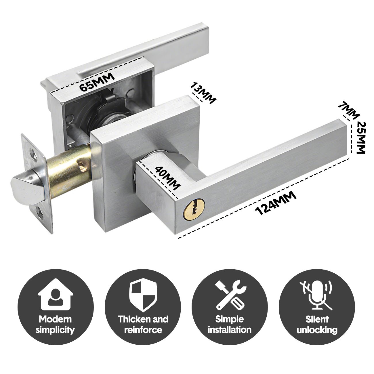 Privacy Door Lever Handle with Key, Heavy Duty Interior Door Lock, Adjustable Latch-Silver