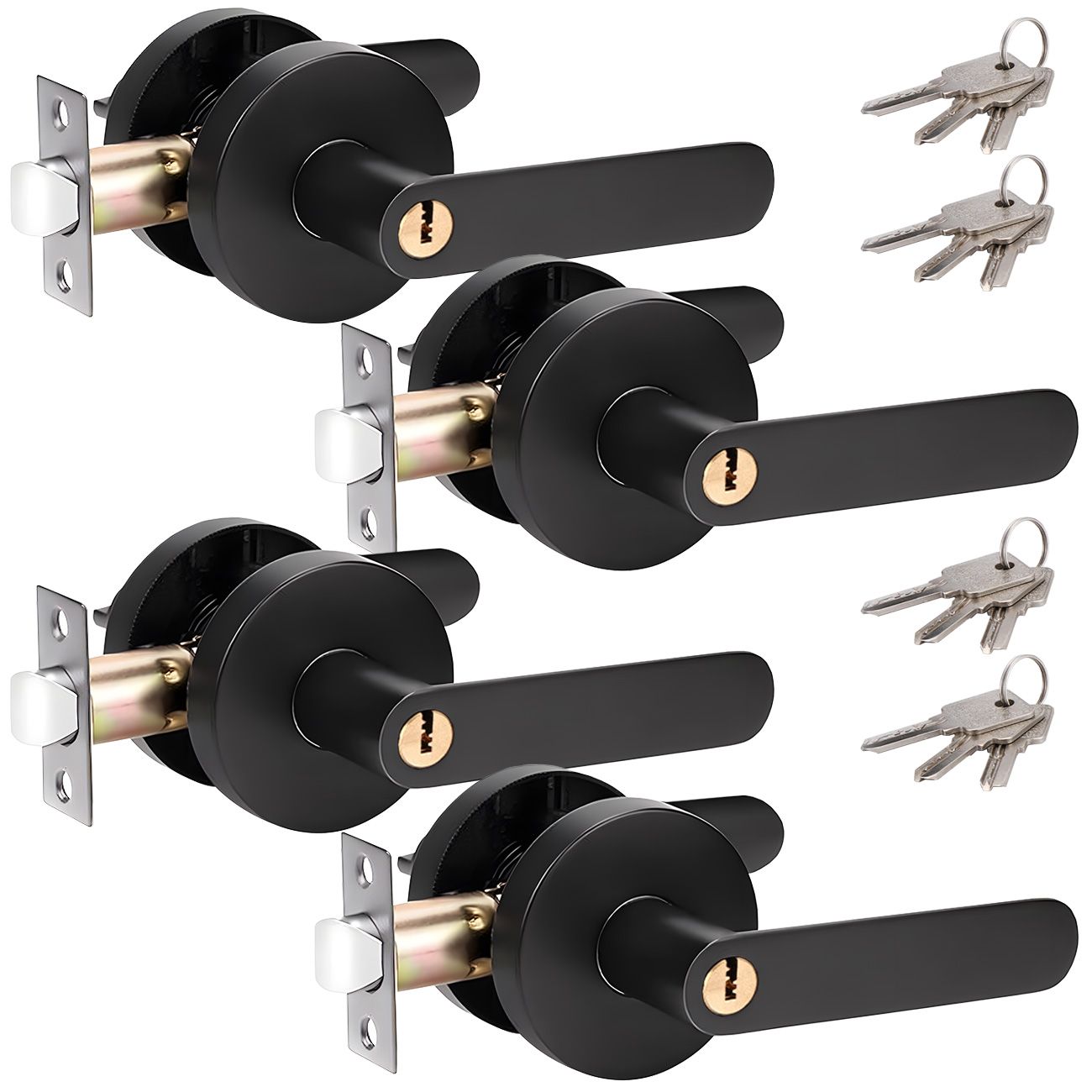 Privacy Door Lever Handle with Key, Heavy Duty Interior Door Lock, Round Design, 4 Pack, Matte Black