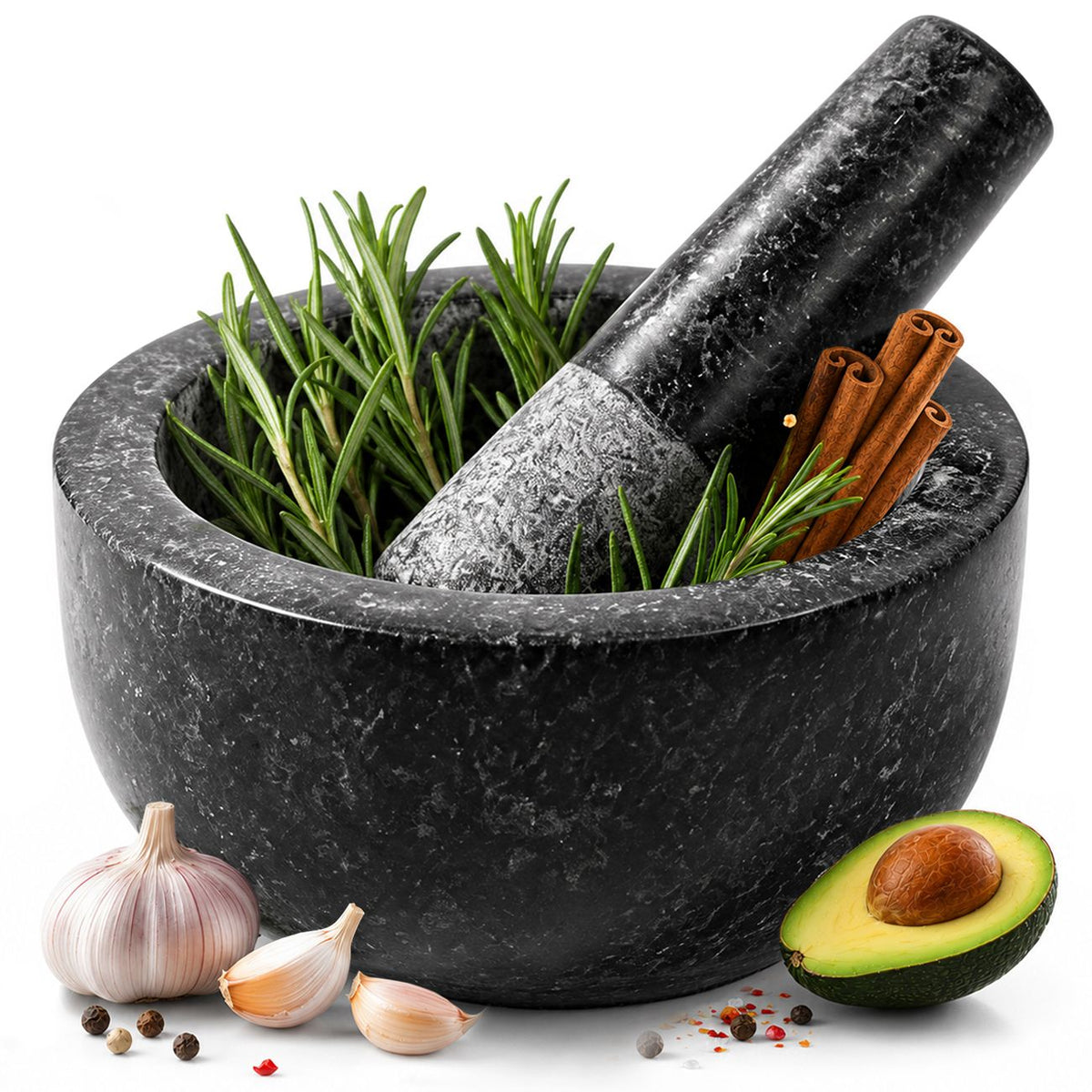 Granite Mortar and Pestle Set 450ml Heavy Duty Stone Spice Grinder Bowl Black