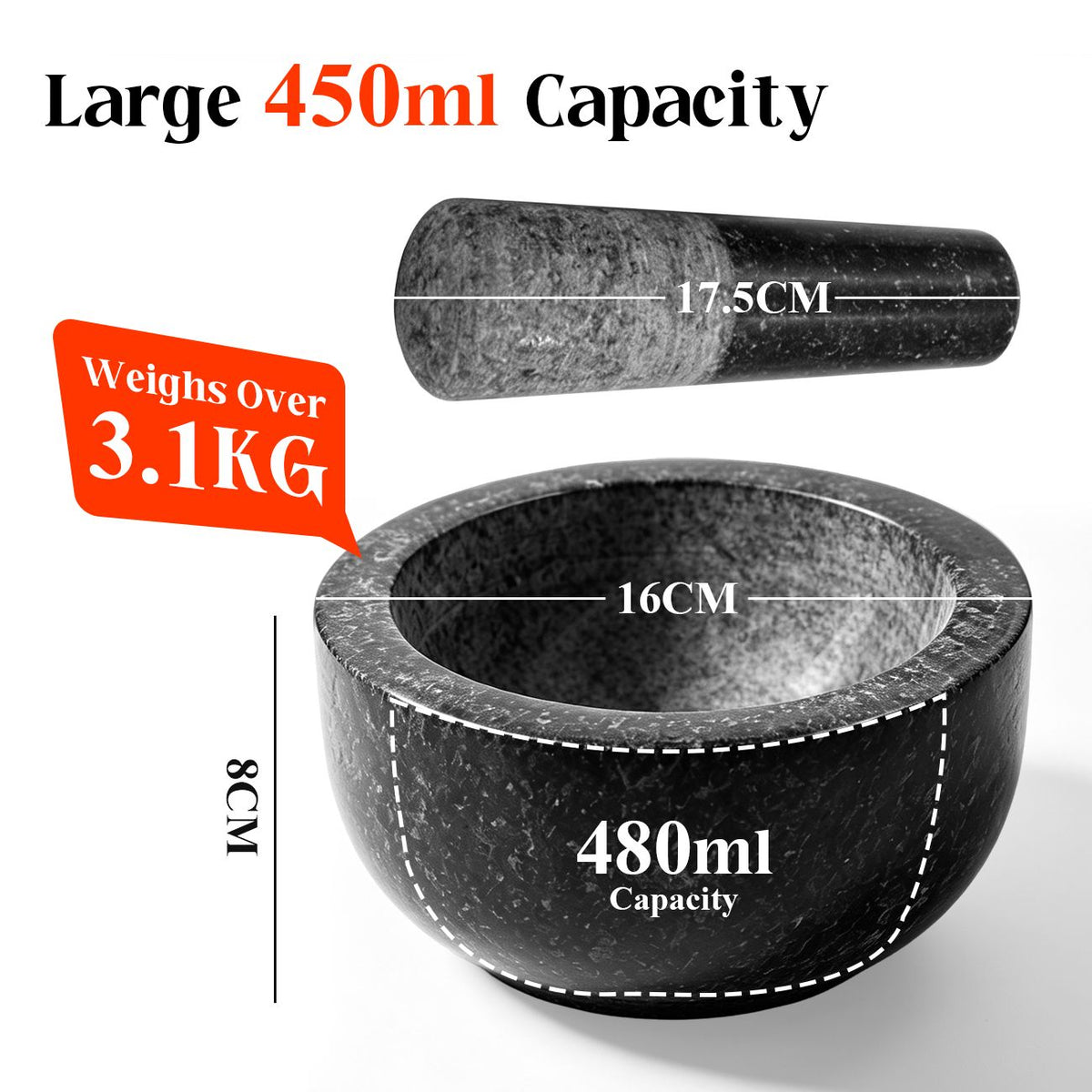 Granite Mortar and Pestle Set 450ml Heavy Duty Stone Spice Grinder Bowl Black