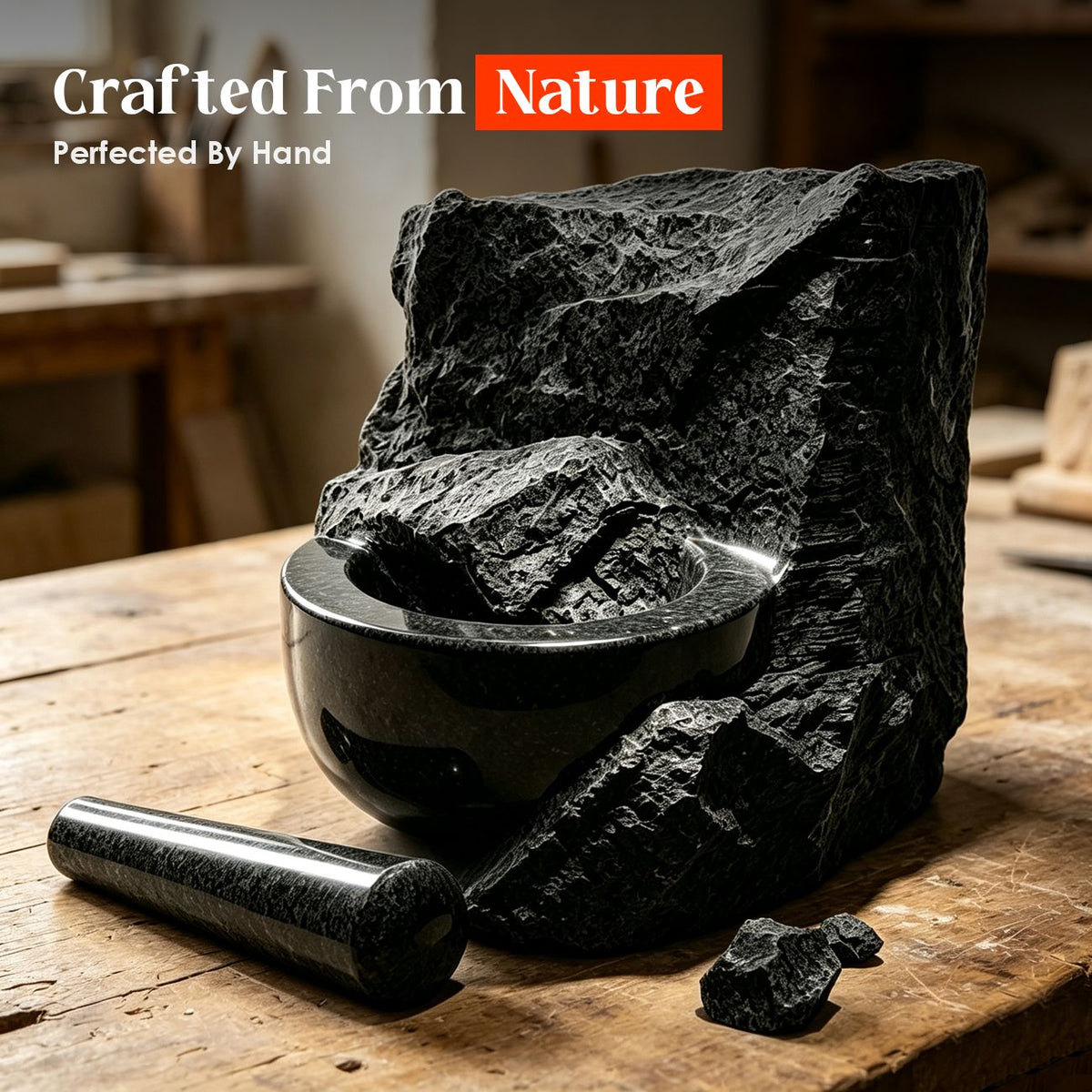 Granite Mortar and Pestle Set 450ml Heavy Duty Stone Spice Grinder Bowl Black