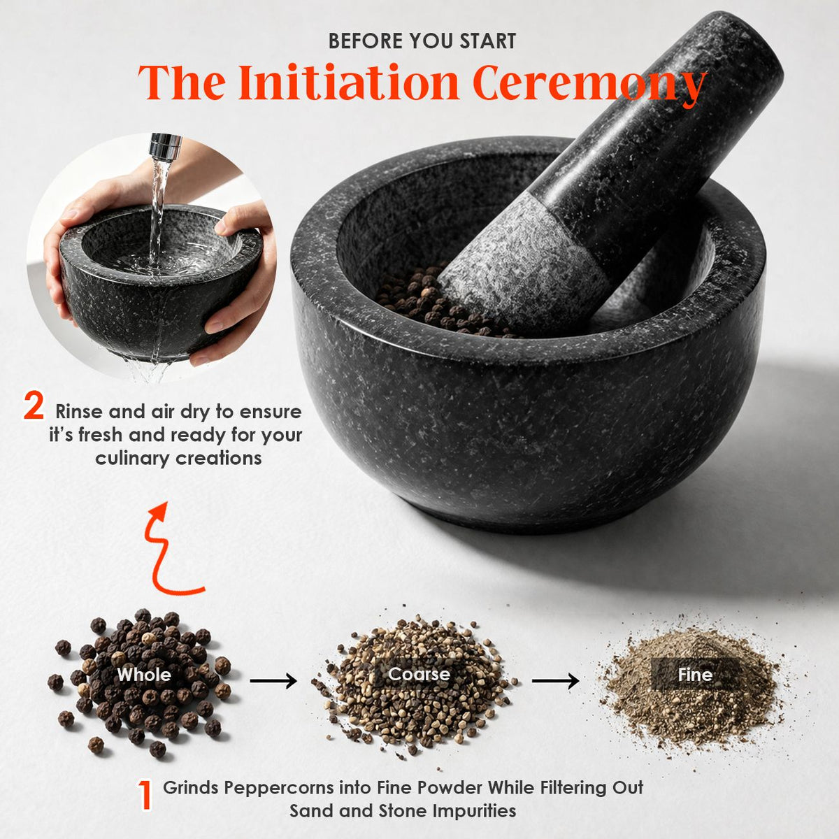Granite Mortar and Pestle Set 450ml Heavy Duty Stone Spice Grinder Bowl Black