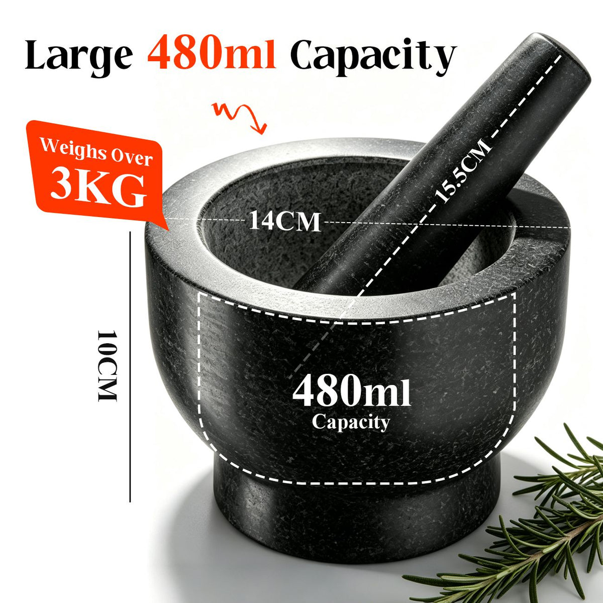 Granite Mortar and Pestle Set 480ml Heavy Duty Stone Spice Grinder Dark Grey