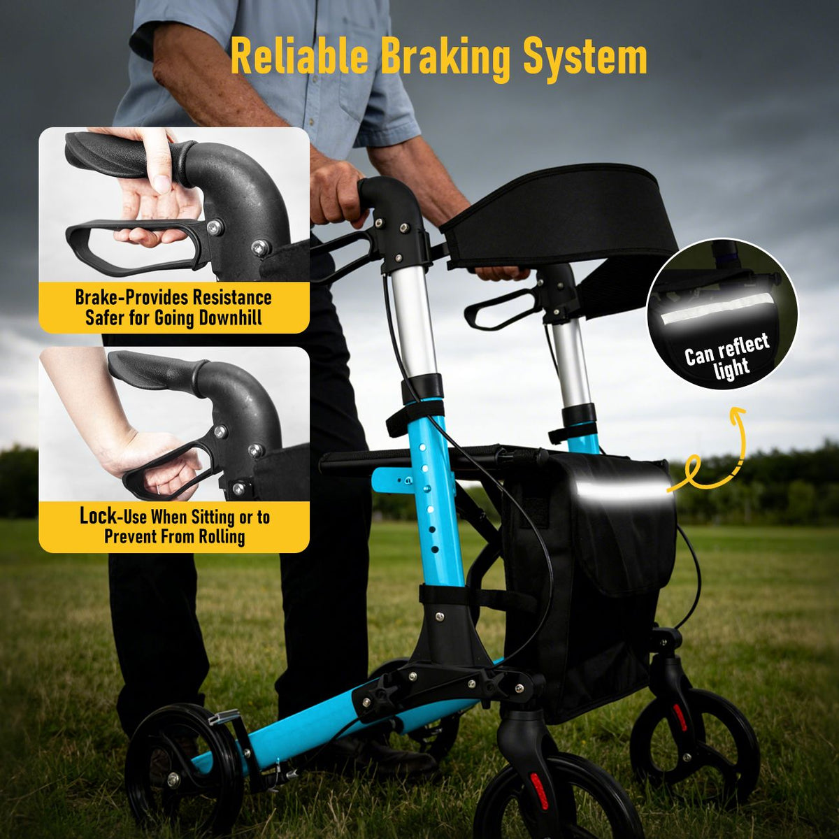 Foldable Aluminium Rollator Walker with Padded Seat, Storage Bag, 8 Inch Wheels