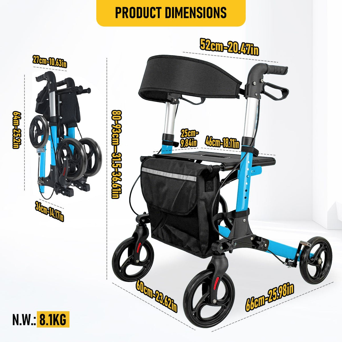 Foldable Aluminium Rollator Walker with Padded Seat, Storage Bag, 8 Inch Wheels