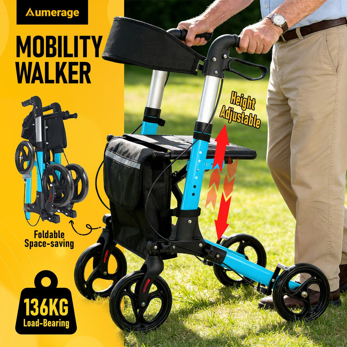 Foldable Aluminium Rollator Walker with Padded Seat, Storage Bag, 8 Inch Wheels