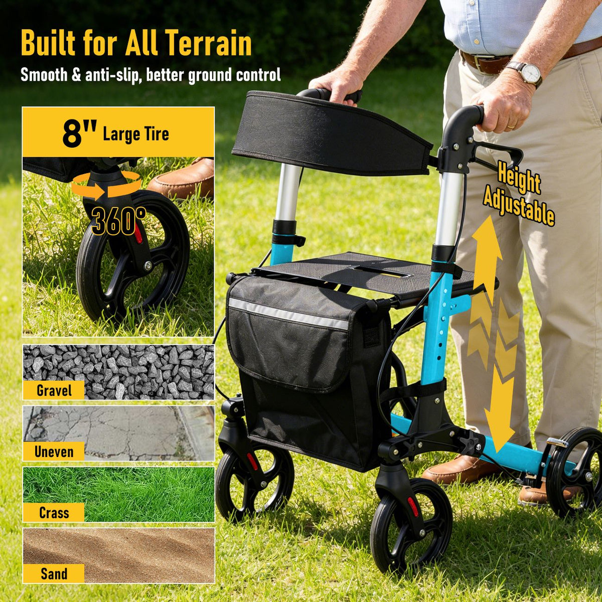 Foldable Aluminium Rollator Walker with Padded Seat, Storage Bag, 8 Inch Wheels