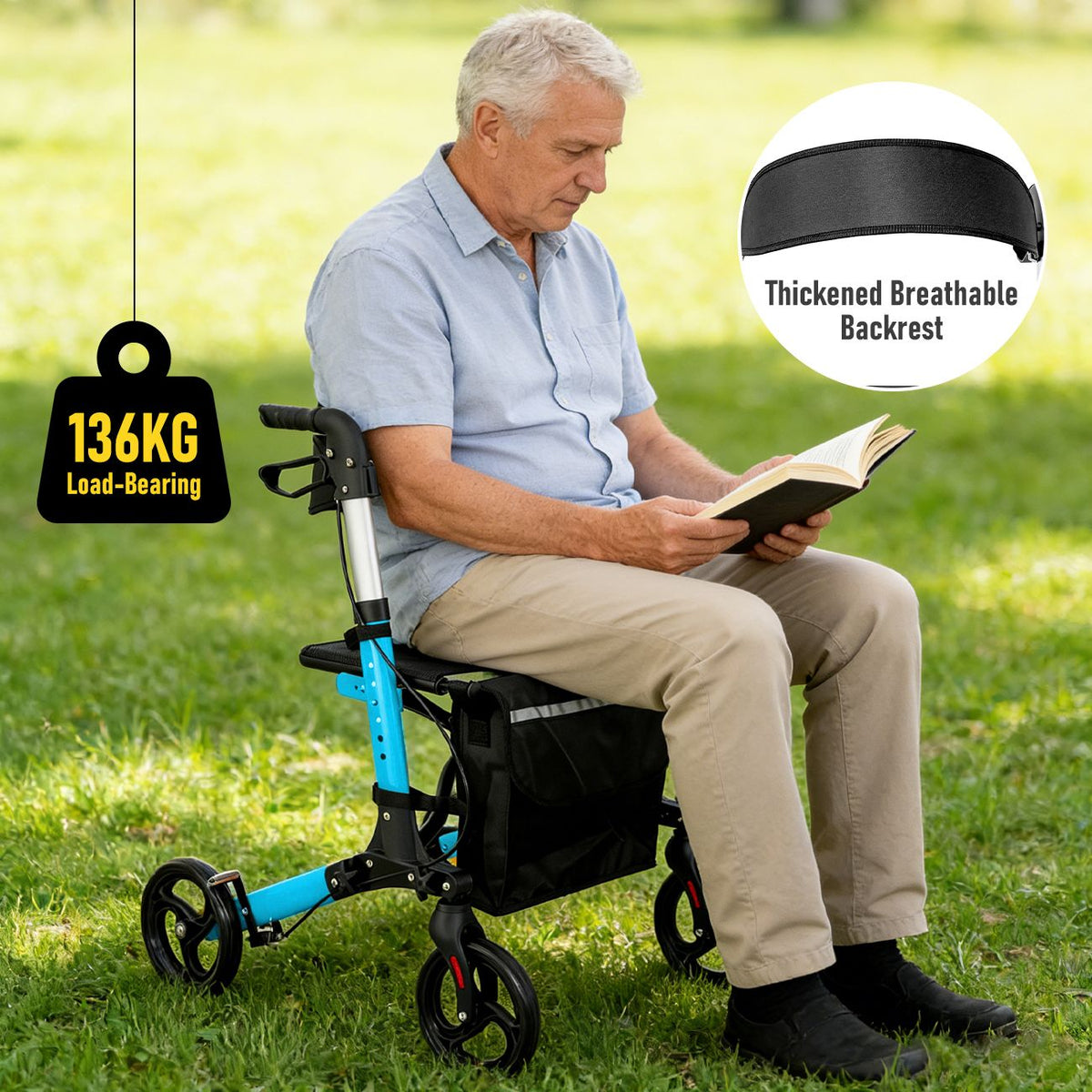 Foldable Aluminium Rollator Walker with Padded Seat, Storage Bag, 8 Inch Wheels