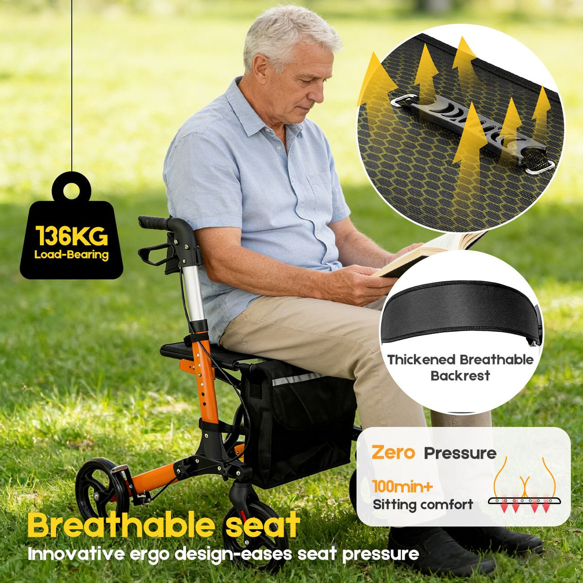 Foldable Aluminium Rollator Walker With Seat & Storage Bag, Adjustable Handles, 8