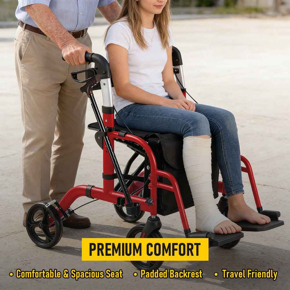 2-in-1 Foldable Aluminium Rollator Walker with Seat, Adjustable Handles, 8