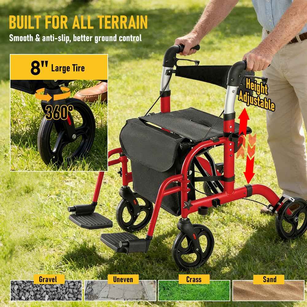 2-in-1 Foldable Aluminium Rollator Walker with Seat, Adjustable Handles, 8