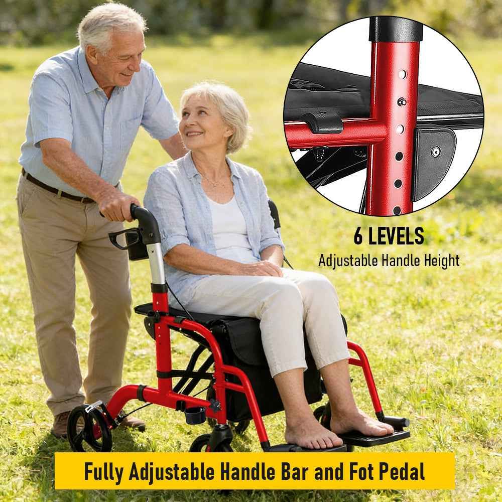 2-in-1 Foldable Aluminium Rollator Walker with Seat, Adjustable Handles, 8