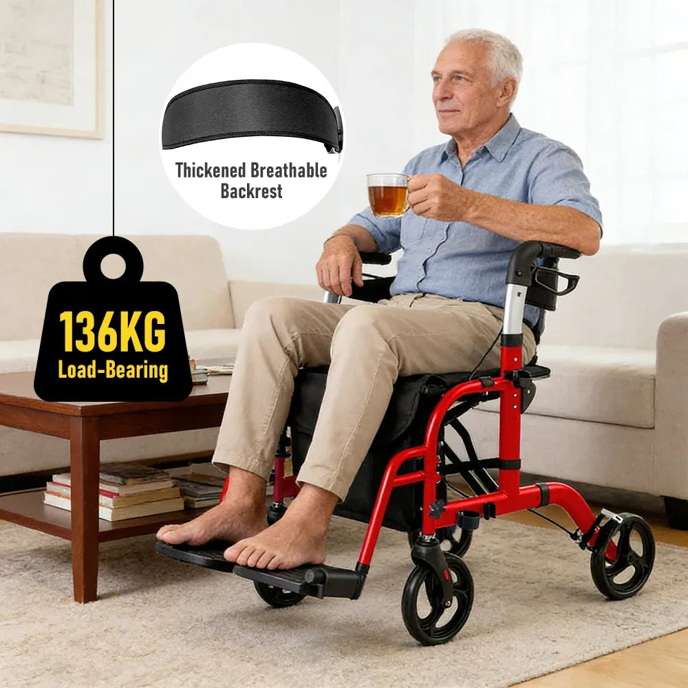 2-in-1 Foldable Aluminium Rollator Walker with Seat, Adjustable Handles, 8