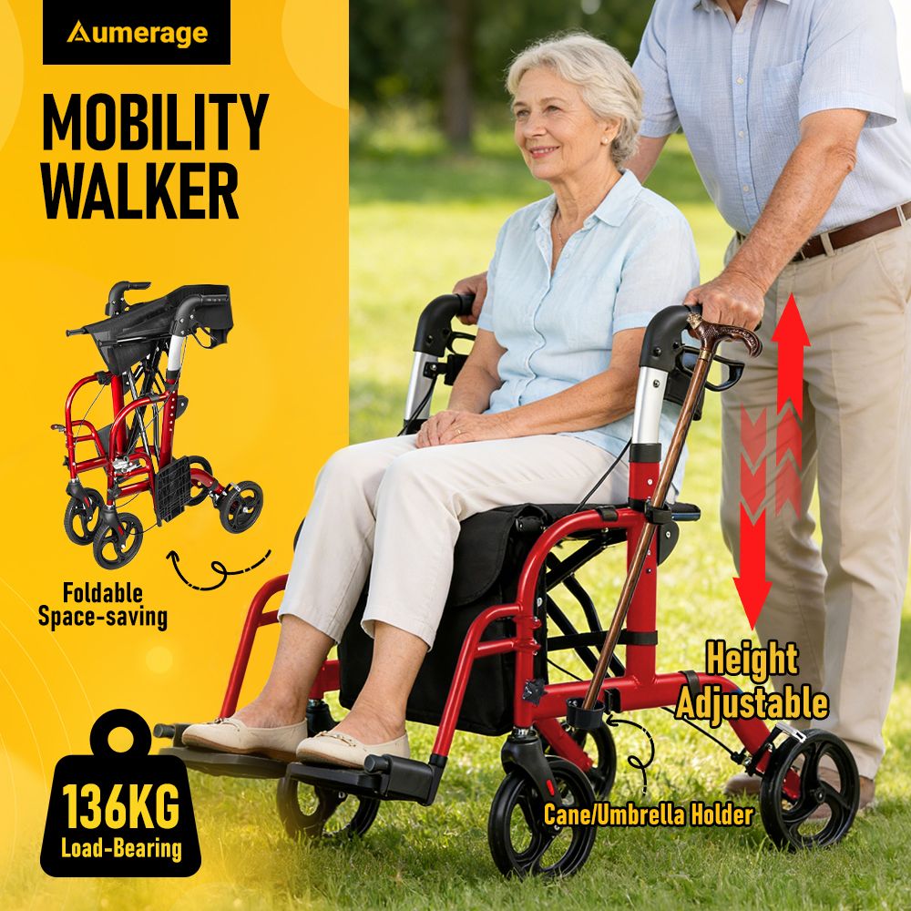 2-in-1 Foldable Aluminium Rollator Walker with Seat, Adjustable Handles, 8