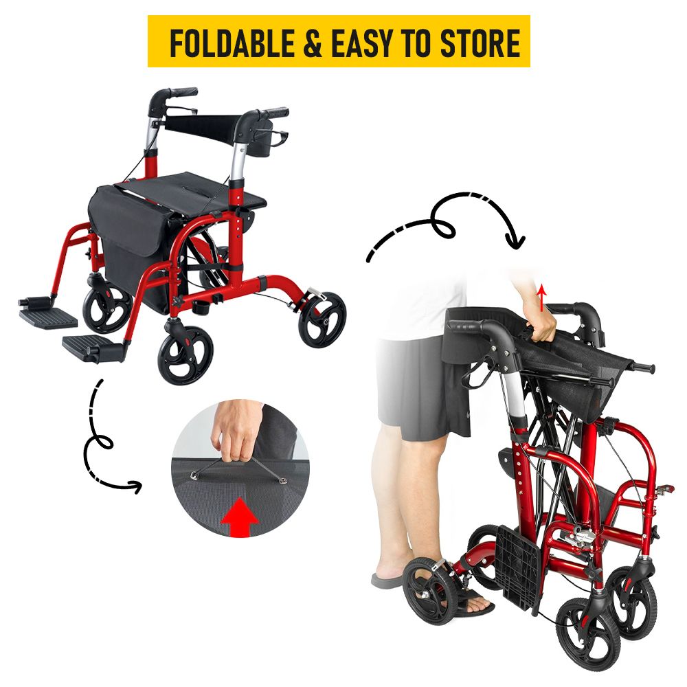 2-in-1 Foldable Aluminium Rollator Walker with Seat, Adjustable Handles, 8