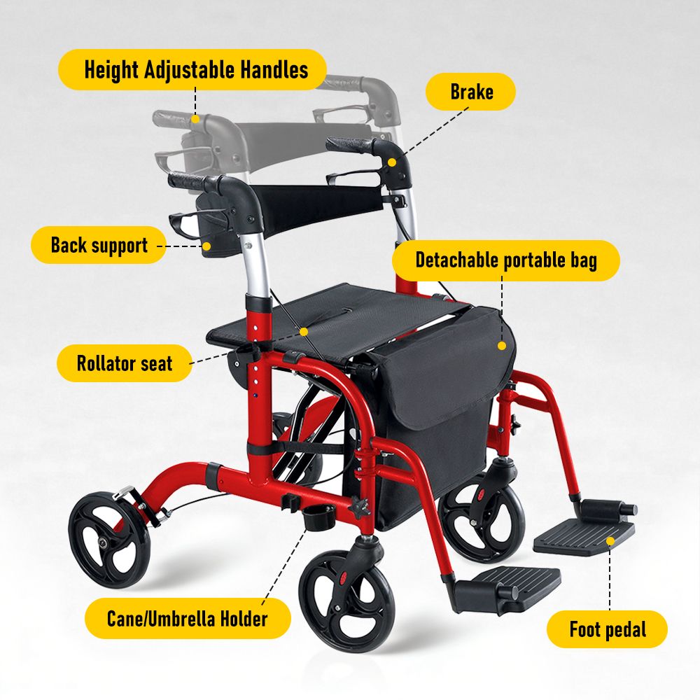 2-in-1 Foldable Aluminium Rollator Walker with Seat, Adjustable Handles, 8