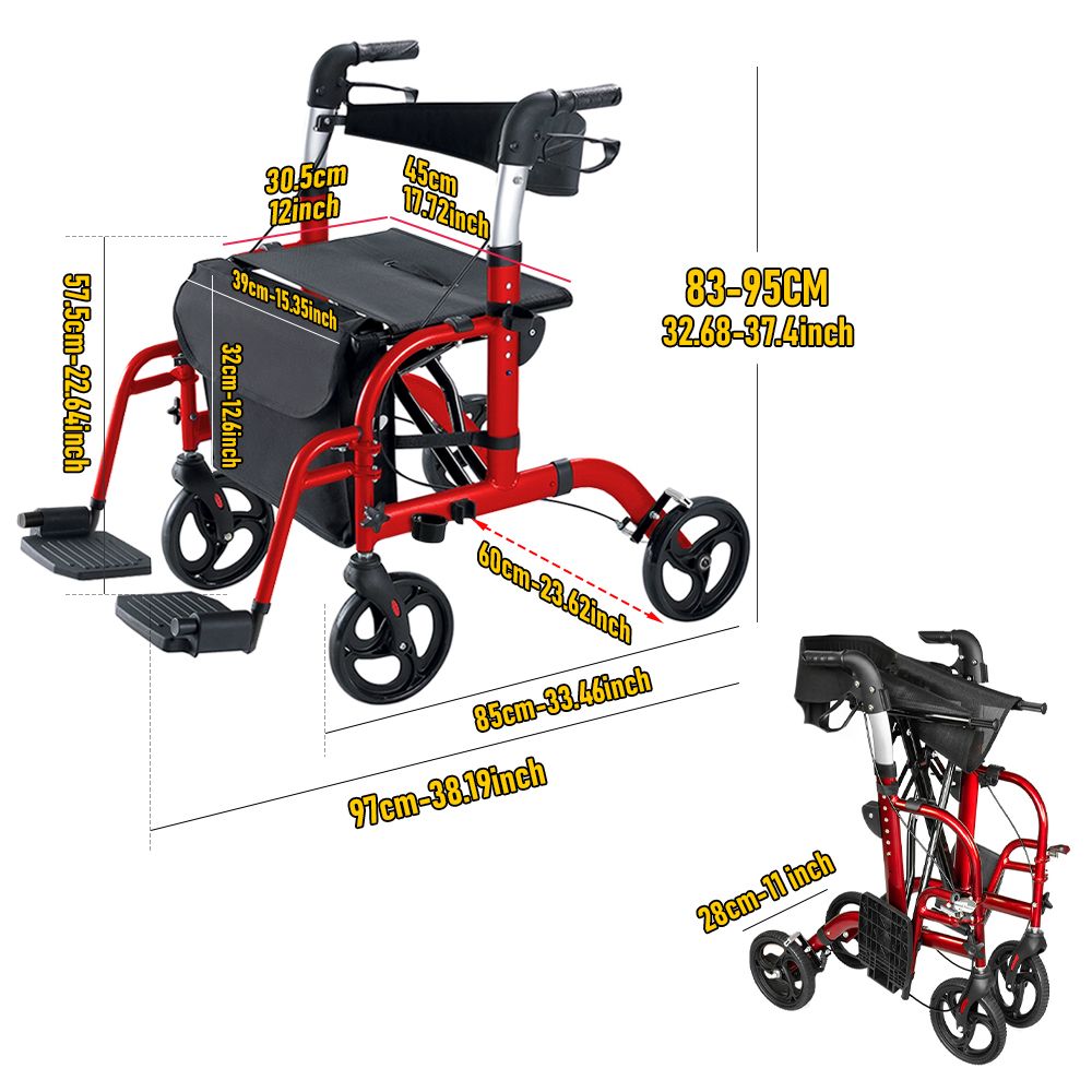 2-in-1 Foldable Aluminium Rollator Walker with Seat, Adjustable Handles, 8