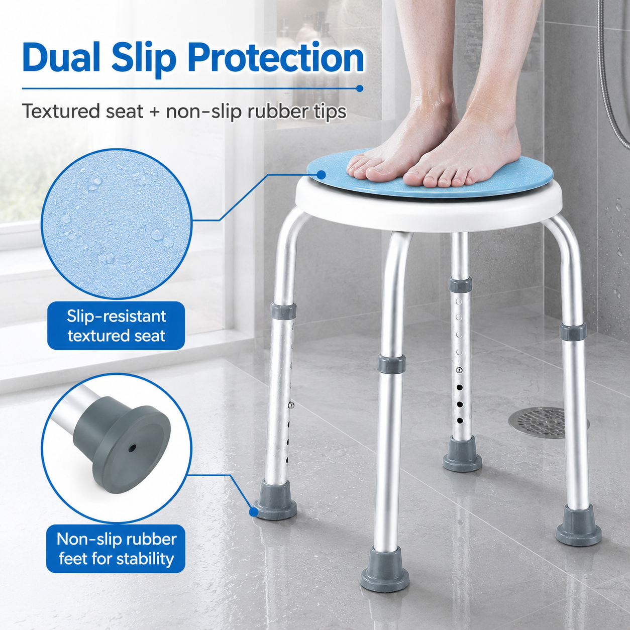 Bath Stool for Seniors, Swivel Seat & Non-Slip Height-Adjustable Round Shower Bench, Rotating Design, for Seniors Elderly, 125kg Capacity