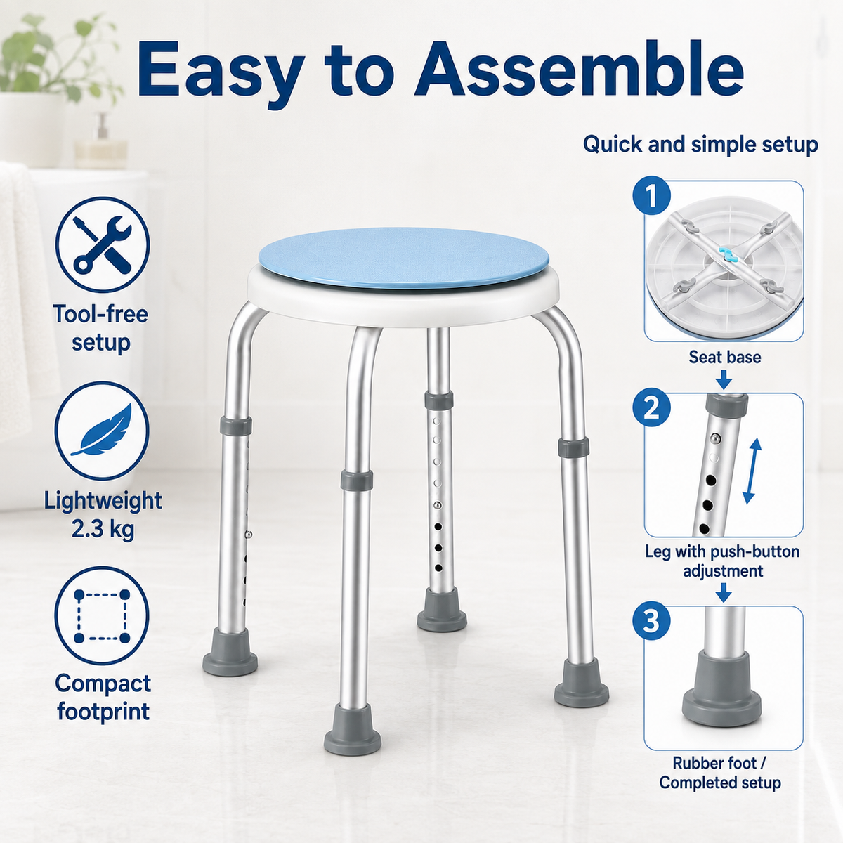 Bath Stool for Seniors, Swivel Seat & Non-Slip Height-Adjustable Round Shower Bench, Rotating Design, for Seniors Elderly, 125kg Capacity
