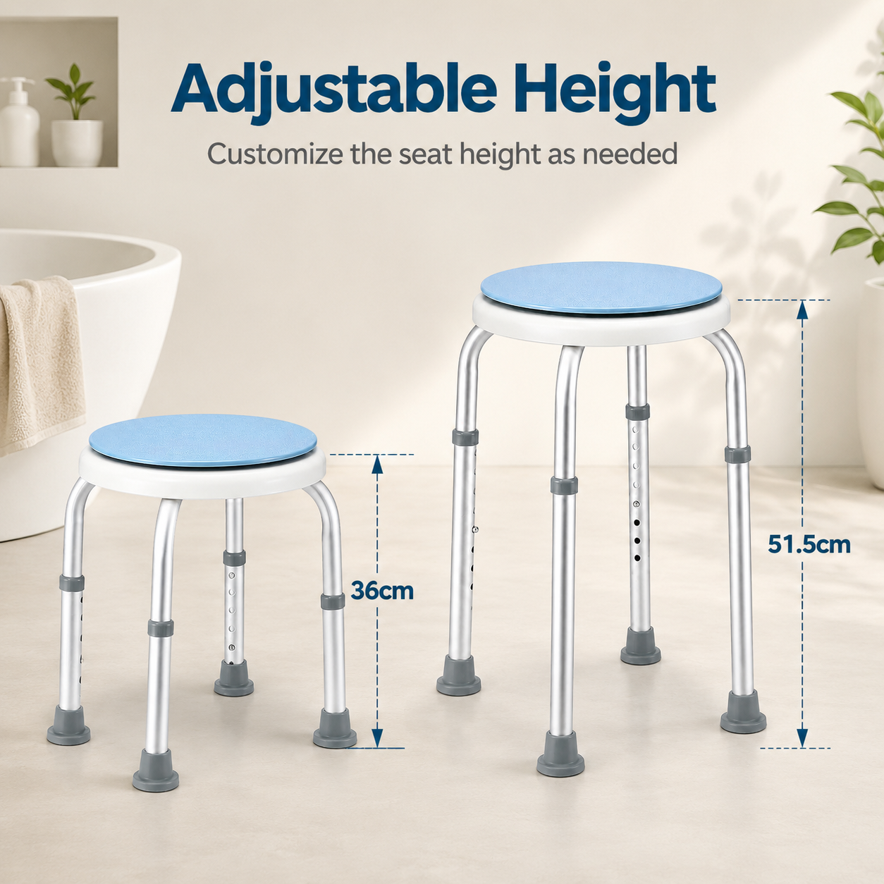 Bath Stool for Seniors, Swivel Seat & Non-Slip Height-Adjustable Round Shower Bench, Rotating Design, for Seniors Elderly, 125kg Capacity