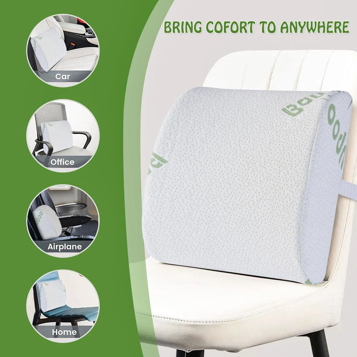 Bamboo Memory Foam Lumbar Support Cushion with Elastic Strap, 32cm Size