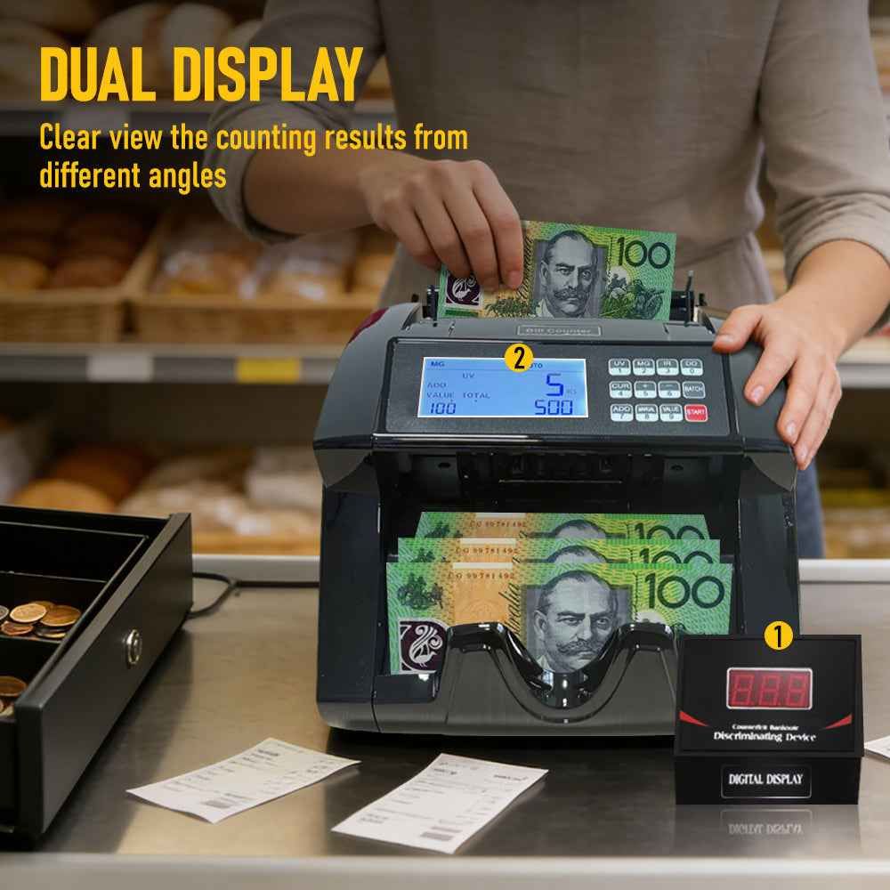 Automatic Money Counter Machine For Australian Banknotes With UV/MG/IR Counterfeit Detection, High-Speed Counting & Digital Display 25.3x30.3x19.5cm