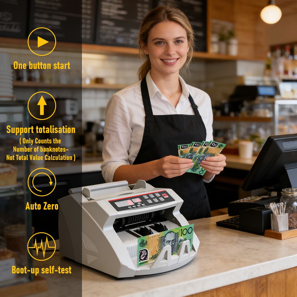 Automatic AUD Money Counter Machine with UV/MG/IR Detection, High-Speed Banknote Counter & Digital Display(29.2x24.6x17.8cm)