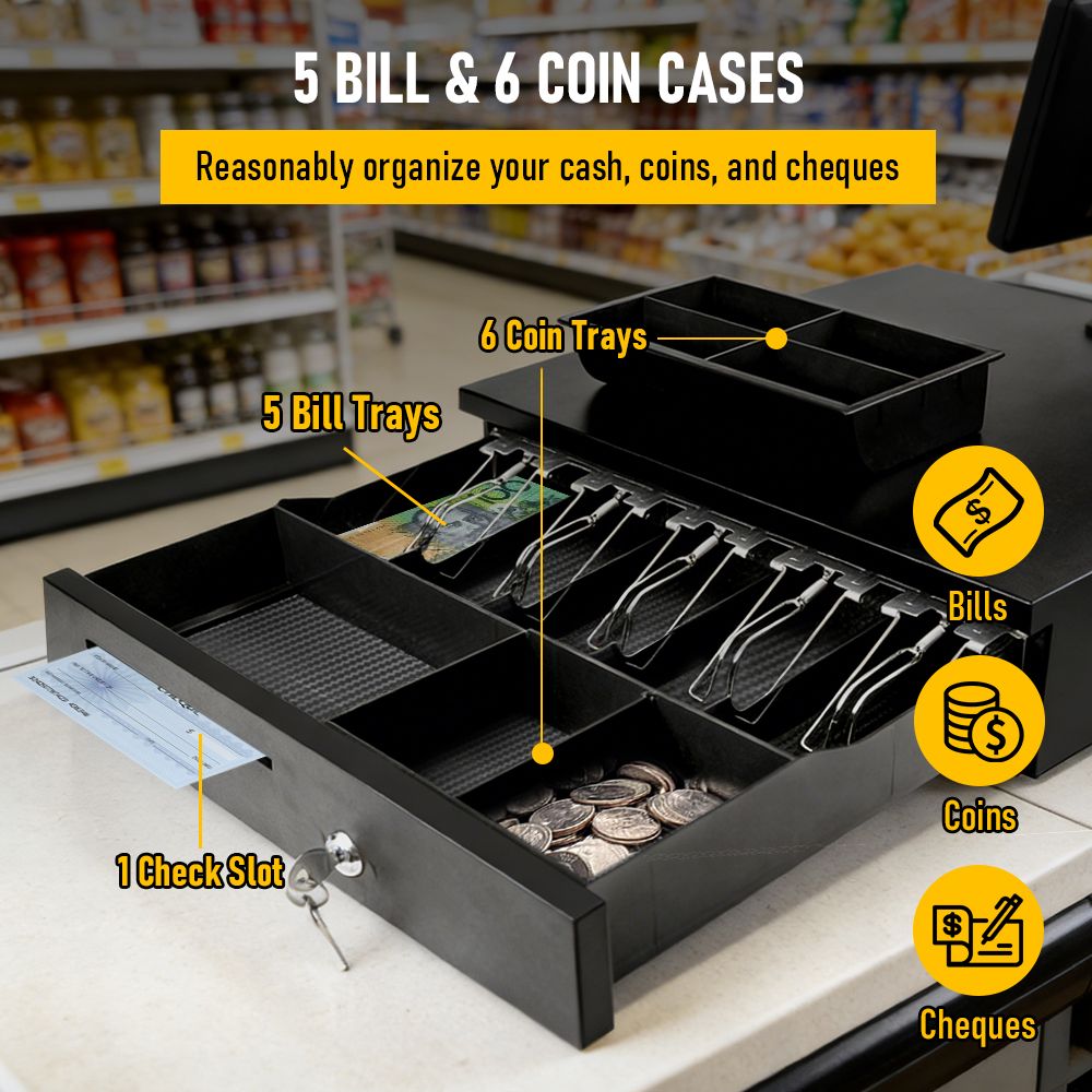 Heavy Duty Metal Cash Drawer, 5 Note&6 Coin Trays,Black(40.5x42x11.2cm)