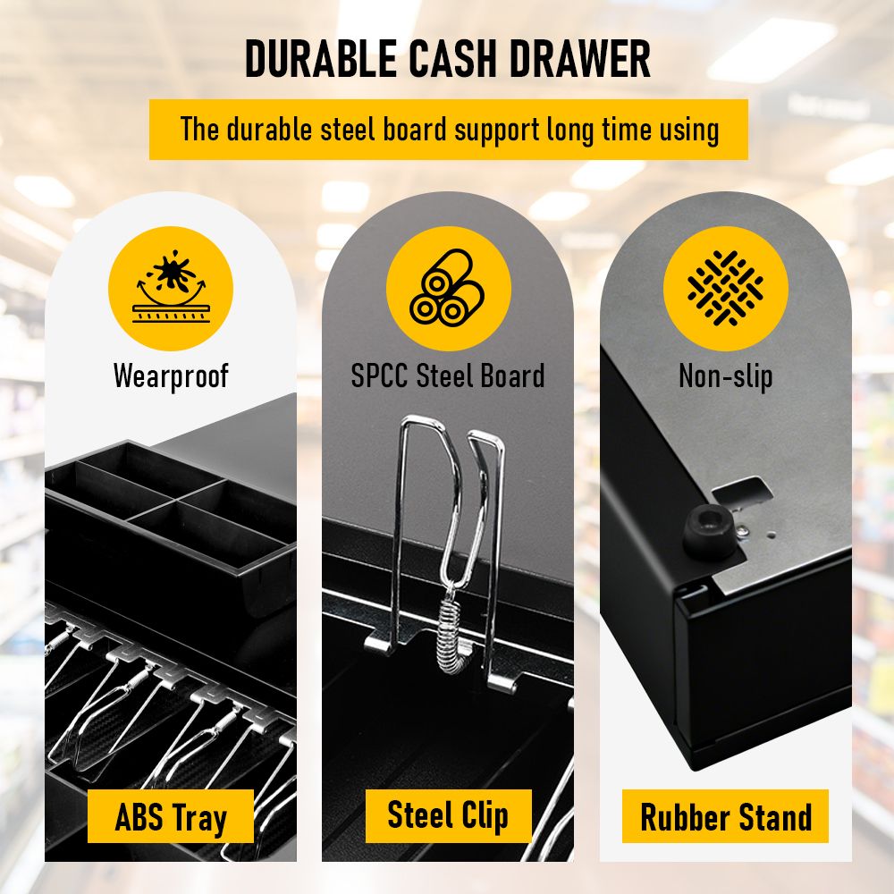 Heavy Duty Metal Cash Drawer, 5 Note&6 Coin Trays,Black(40.5x42x11.2cm)