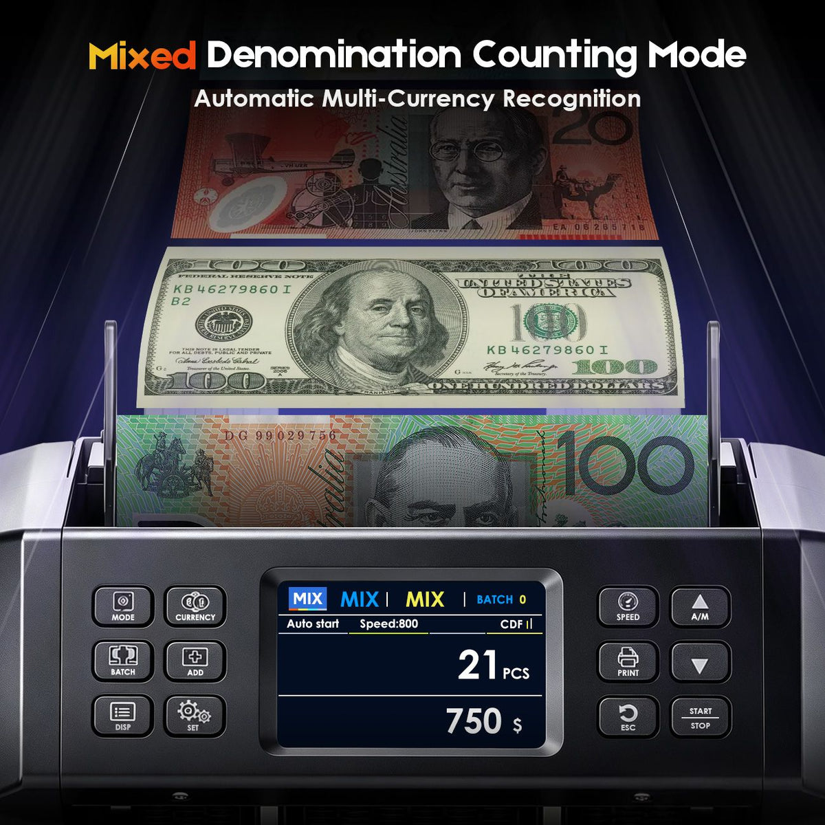 Dual CIS Money Counter with Counterfeit Detection, Mixed Value Bill Counter, 14 Currency Cash Counting Machine with Serial Number Reading, UV MG IR MT Detection, 3.5