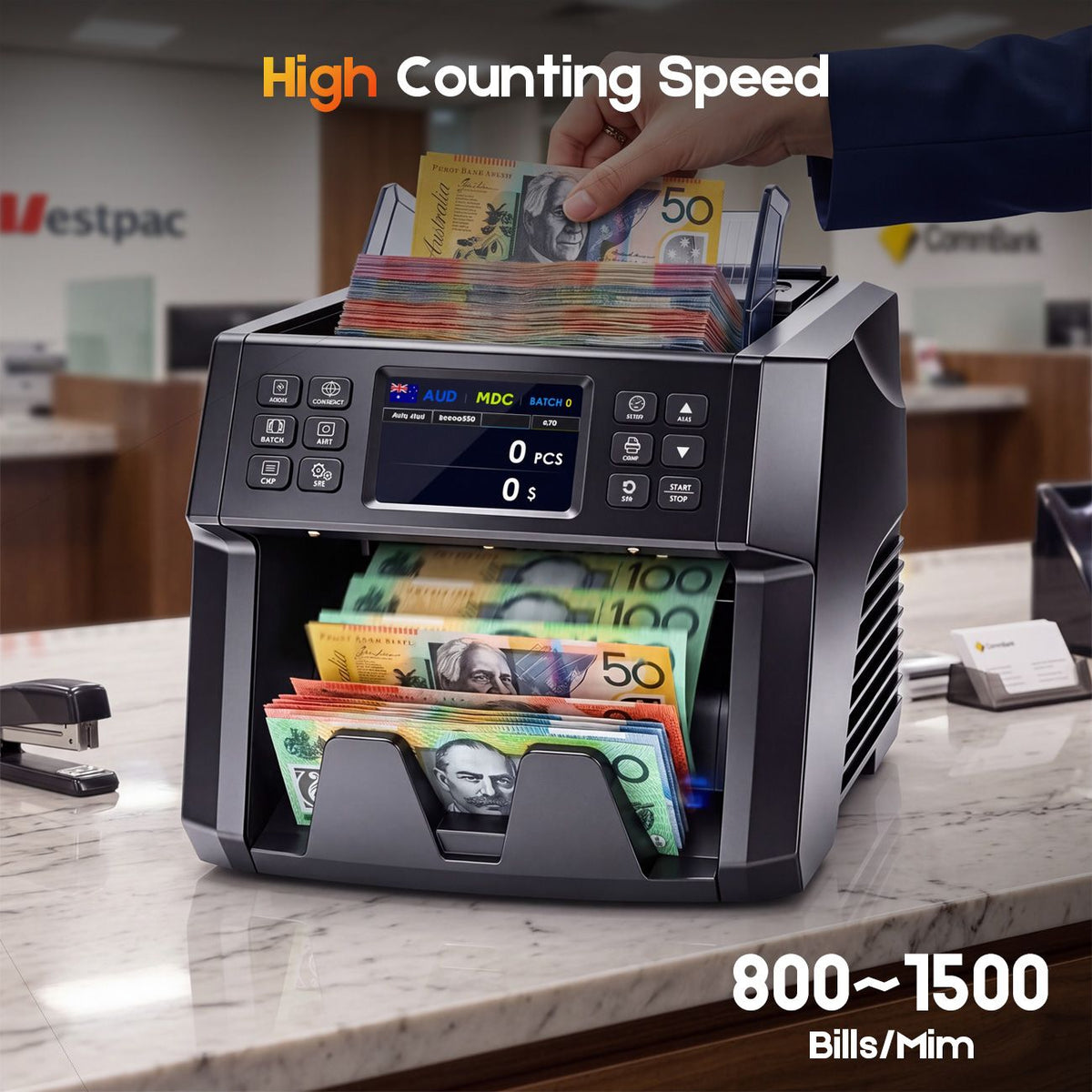 Dual CIS Money Counter with Counterfeit Detection, Mixed Value Bill Counter, 14 Currency Cash Counting Machine with Serial Number Reading, UV MG IR MT Detection, 3.5