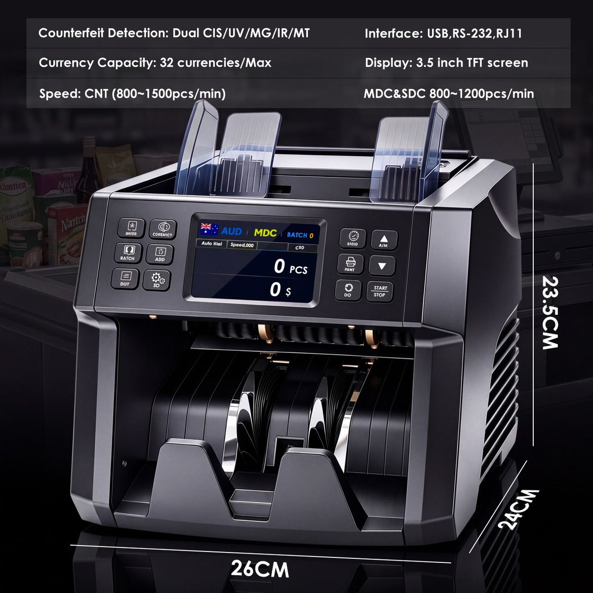 Dual CIS Money Counter with Counterfeit Detection, Mixed Value Bill Counter, 14 Currency Cash Counting Machine with Serial Number Reading, UV MG IR MT Detection, 3.5