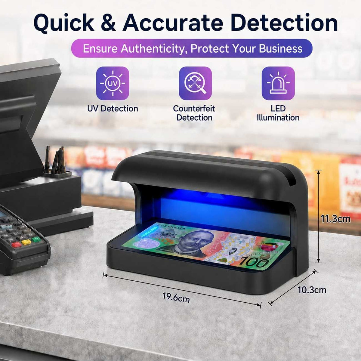 365nm UV Money Detector with Auto Sensor, Counterfeit Currency Verifier, Banknote & Document Checker for AUD, USD, EUR, GBP, CNY & More