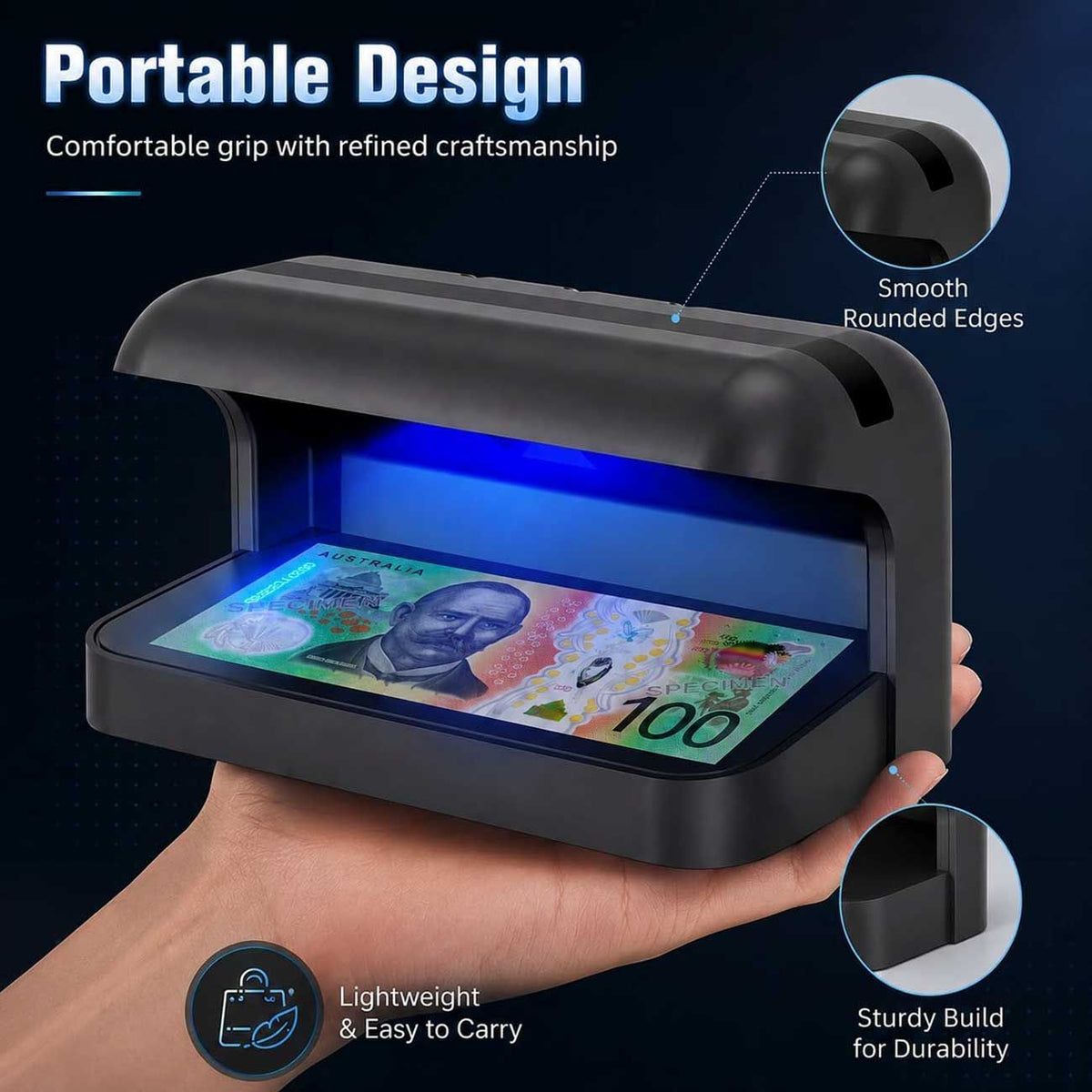 365nm UV Money Detector with Auto Sensor, Counterfeit Currency Verifier, Banknote & Document Checker for AUD, USD, EUR, GBP, CNY & More