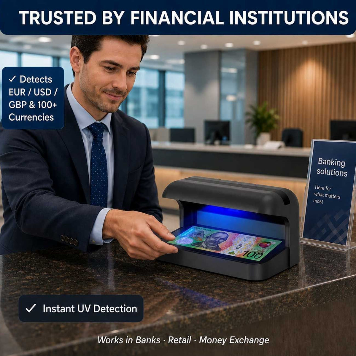 365nm UV Money Detector with Auto Sensor, Counterfeit Currency Verifier, Banknote & Document Checker for AUD, USD, EUR, GBP, CNY & More