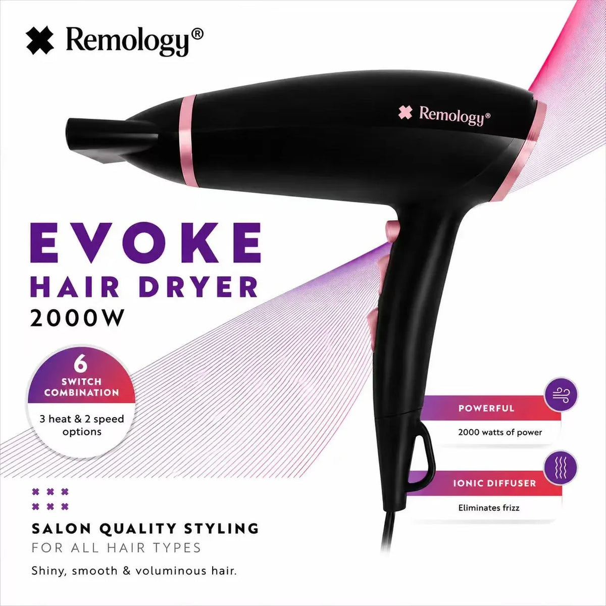 Evoke 2000W Professional Ionic Hair Dryer, Ceramic, 2-Speed Set
