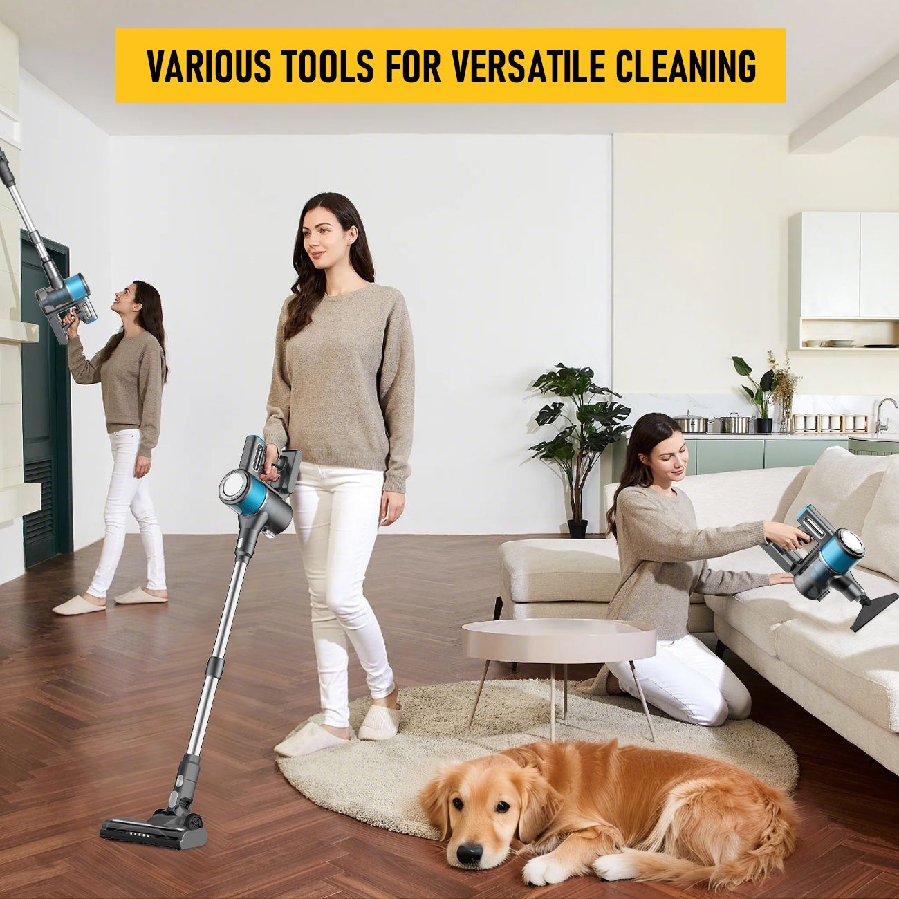 8-in-1 Cordless Vacuum Cleaner 2 Modes Anti-Tangle Brush For Pet Hair On Hardwood Floors & Carpets