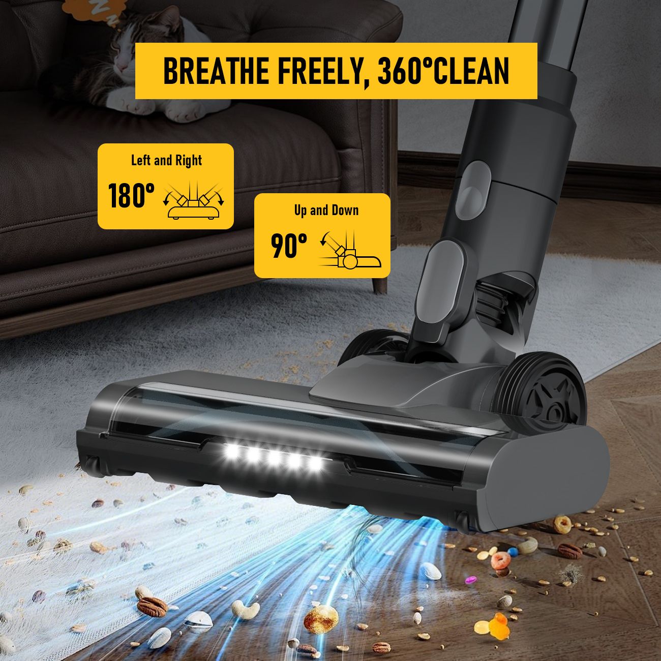 8-in-1 Cordless Vacuum Cleaner 2 Modes Anti-Tangle Brush For Pet Hair On Hardwood Floors & Carpets