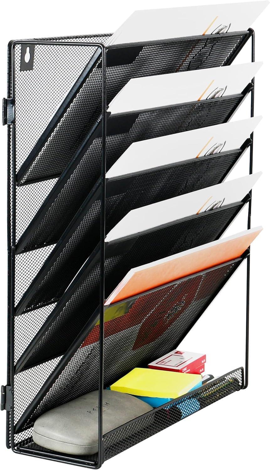 6 Tier Desktop File Organiser, Wall Mount Magazine Rack, Mesh Desk Organizer, Vertical Hanging Document Tray for Stationery, Mail, Paper and Letter Envelope, Book Holder
