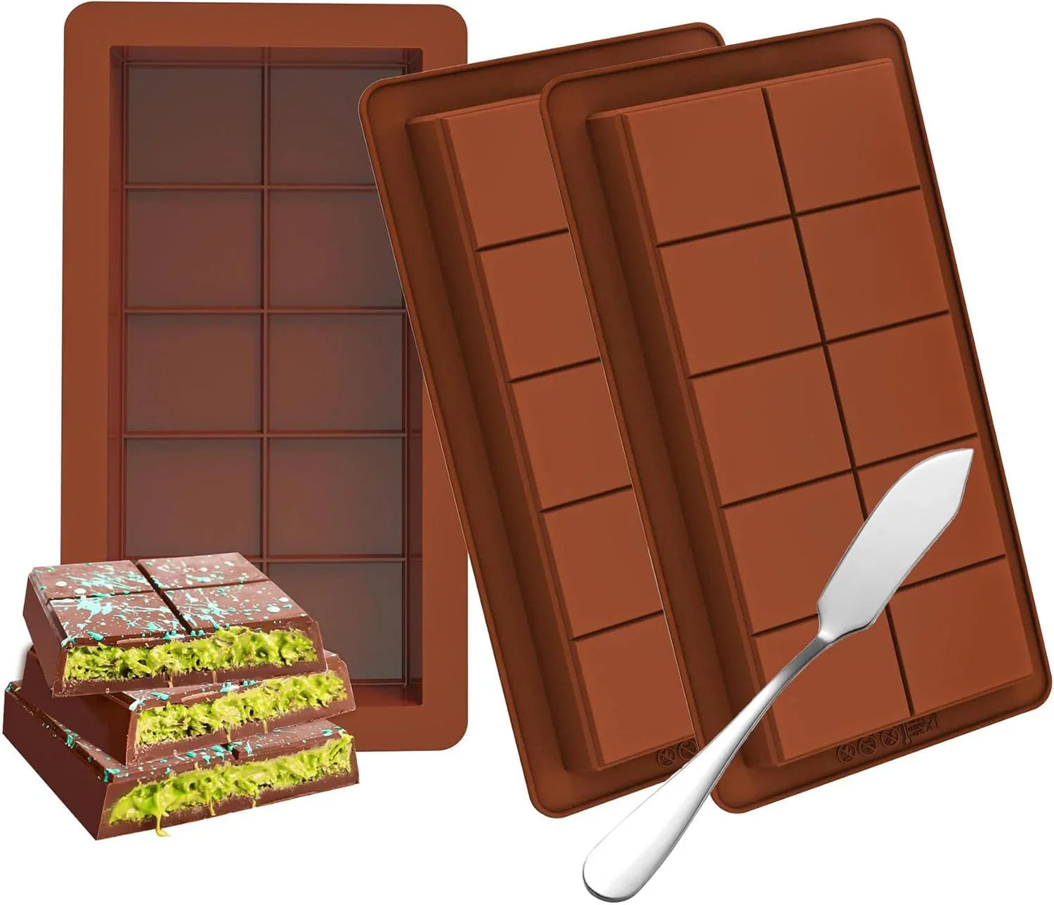 3 PCS Silicone Chocolate Bar Molds with 1 spatula,3/4 Inch Thick Non-Stick Chocolate Mold，Large Deep Cavity Chocolat Silicone Mold for Stuffed Chocolate Bars Knafeh Pistachio Chocolat