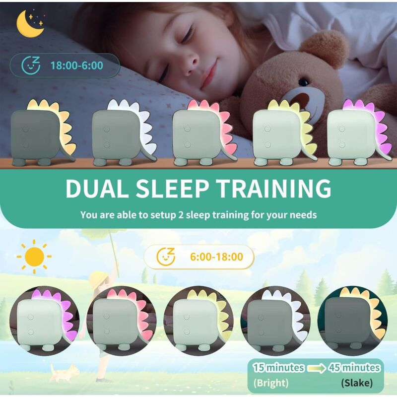 Cute Kids Alarm Clock, Multifunctional Adjustable Night Light Countdown Snooze Voice Control Rechargeable Clock (Green)