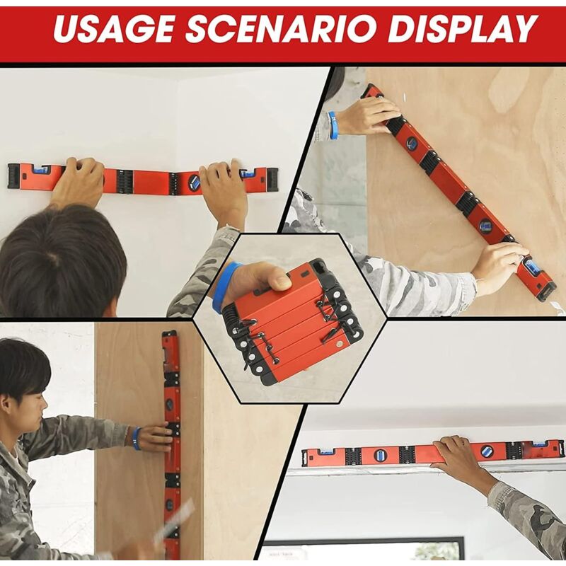 Foldable Level, 5-Section Multi-Angle Magnetic Level Tool With 4 Leveling Bubbles 45° 90° 180° Multifunction