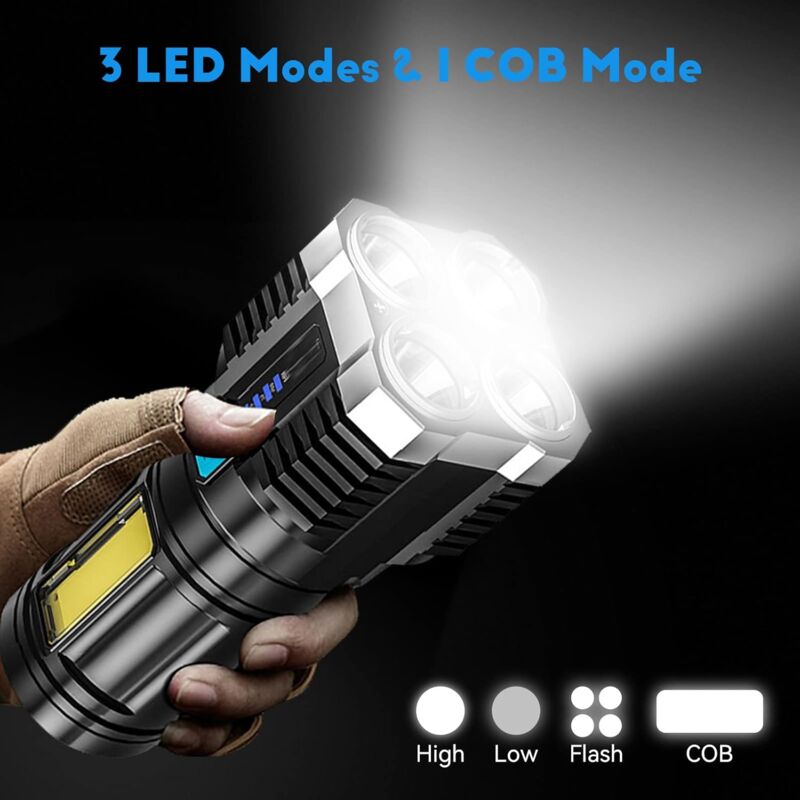 Super Bright LED Torches, Usb Rechargeable Torch With Side Light 4 Modes Cob Powerful Lumens For Outdoor Camping Torch
