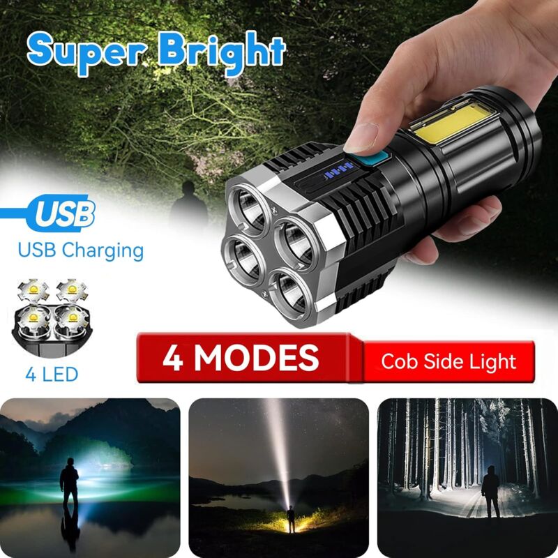 Super Bright LED Torches, Usb Rechargeable Torch With Side Light 4 Modes Cob Powerful Lumens For Outdoor Camping Torch
