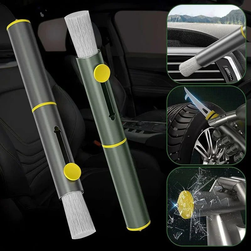 3 In 1 Multifunctional Car Cleaning Brush, Dust Remover, Tire Stone Hook, Window Breaker Hammer. Feather Duster Brush