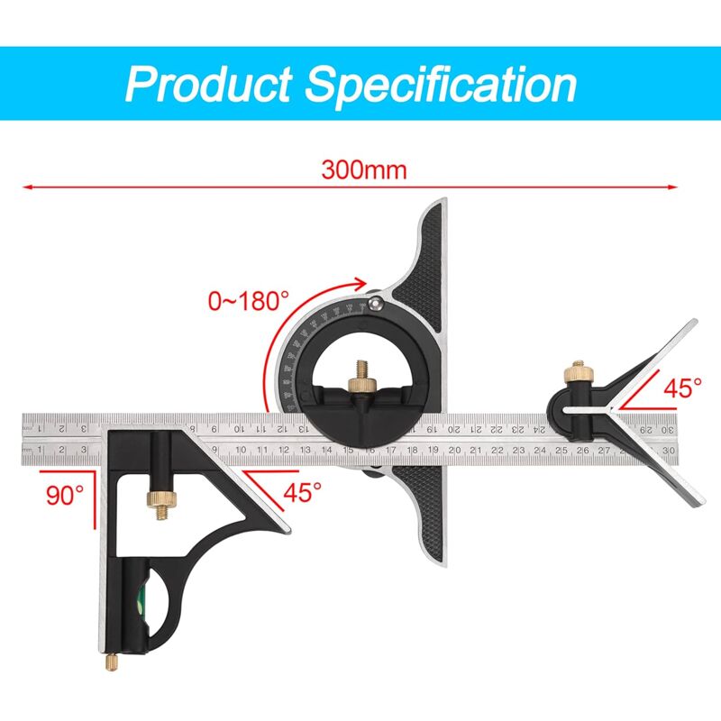 Metal Combination Square Multi-Function Carpentry Ruler Combination Angle Ruler With Zero Level Protractor Straight