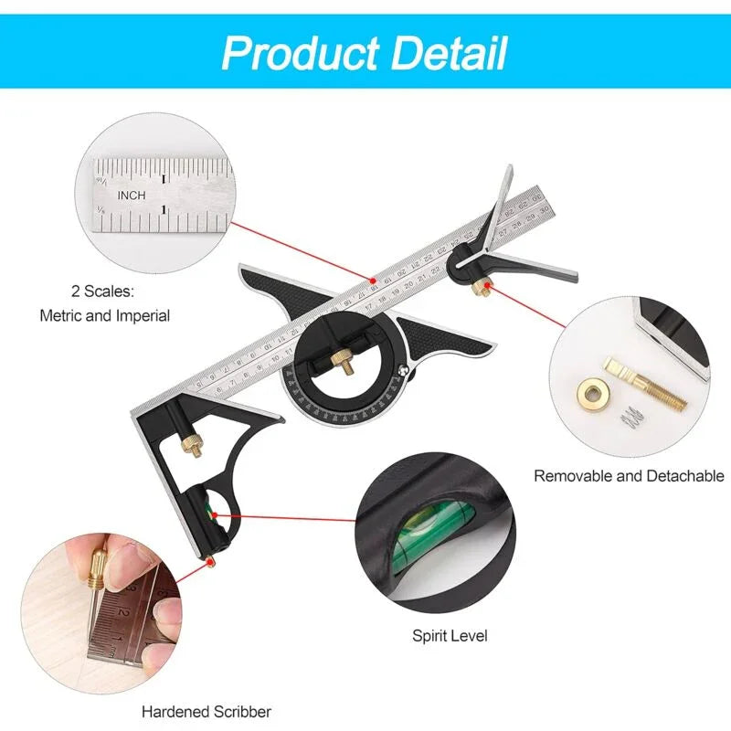 Metal Combination Square Multi-Function Carpentry Ruler Combination Angle Ruler With Zero Level Protractor Straight
